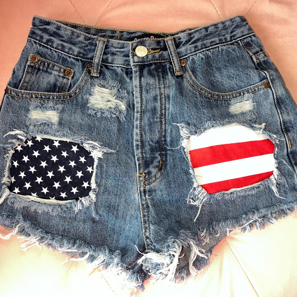 Bailey Ray Patriotic Distressed High Waisted Denim Shorts/American Flag